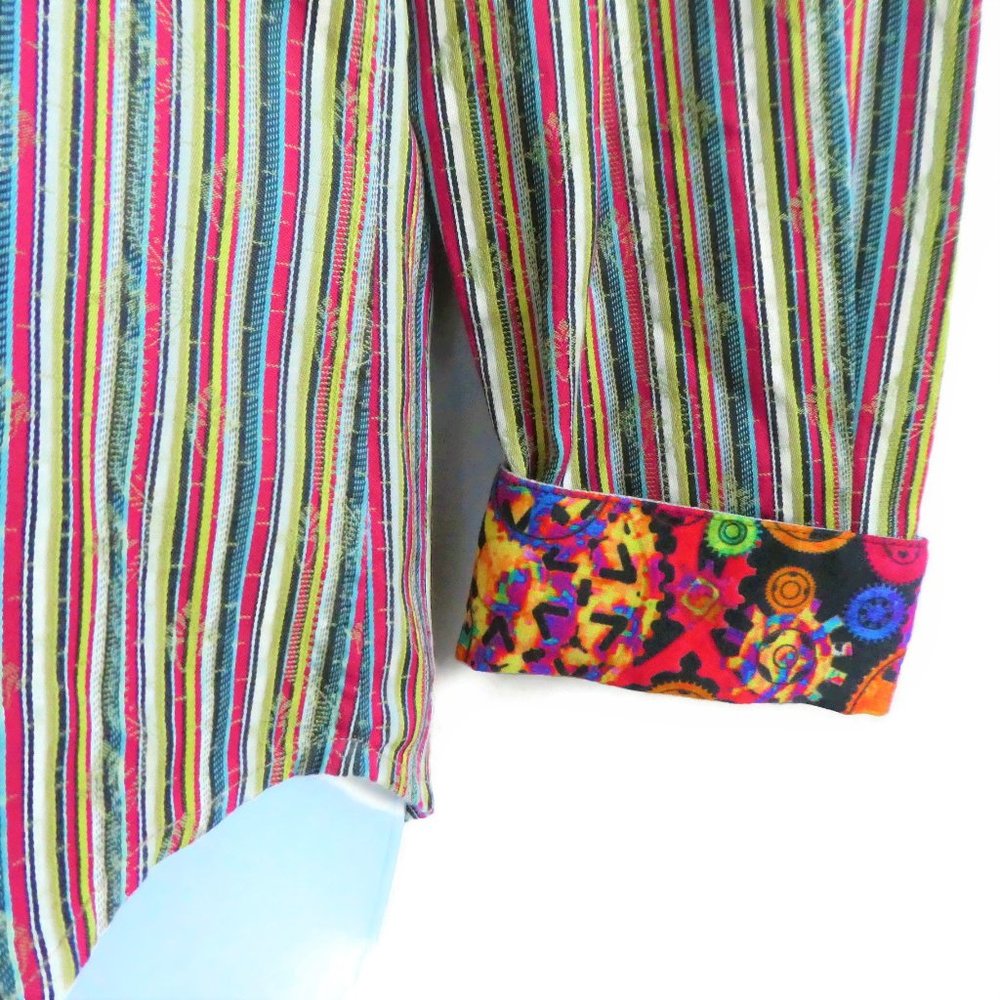 Robert Graham Rainbow Striped Blouse Embroidery Contrasting Art Deco Flip Cuffs